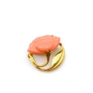 Vintage Avon Sea Treasure Brooch, Coral Lucite Lotus Flower Lapel Pin 1980s